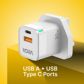 Kora Zaplug 30W Ultra Fast PD & QC Wall Charger with 1 USB & 1 Type C