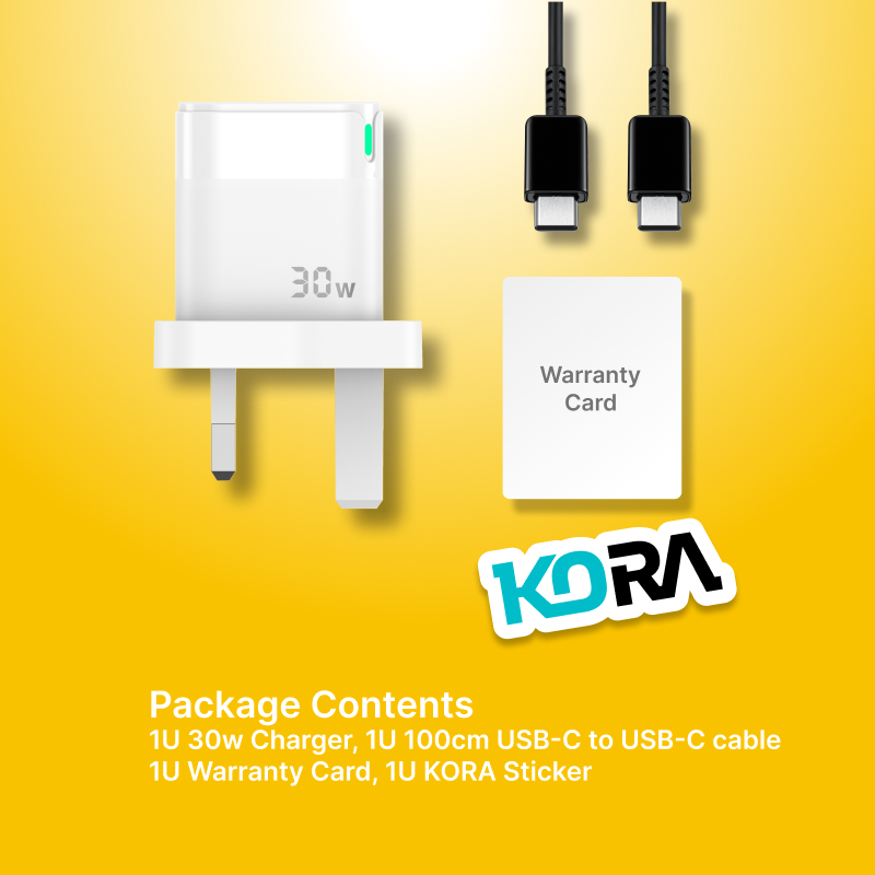 Kora Zaplug 30W Ultra Fast PD & QC Wall Charger with 1 USB & 1 Type C